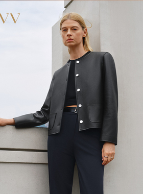 OVV秋冬热卖女装时髦简洁小圆领高级羊皮革皮衣外套