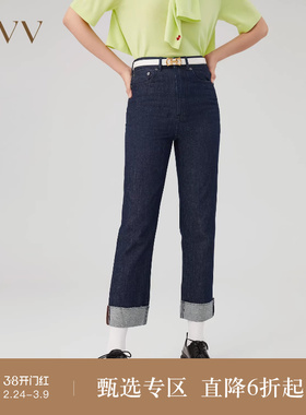 OVV秋冬新款女装意大利进口面料棉质翻边男友风牛仔裤
