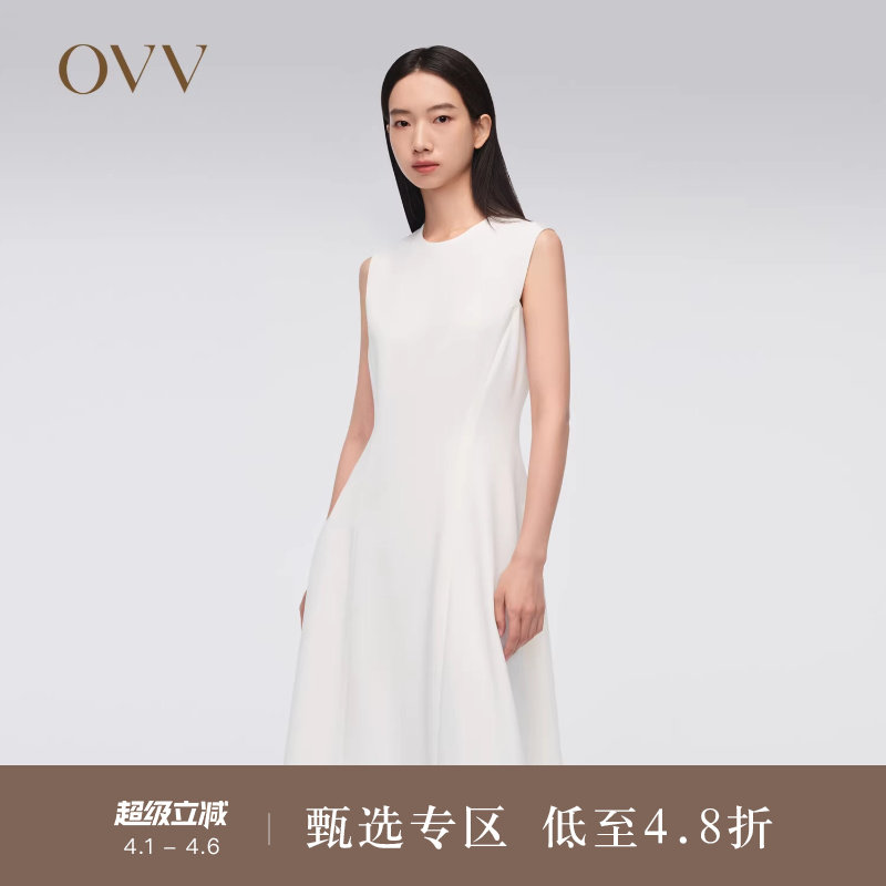 OVV春夏热卖女装三醋酸面料经典A字无袖连衣裙小白裙