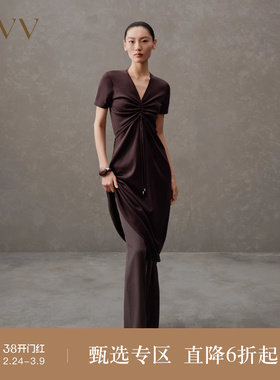 OVV春夏热卖女装丝棉混纺V领短袖中长款A字休闲连衣裙