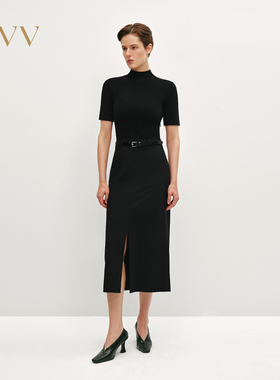 OVV秋冬热卖女装简约时髦休闲针梭镶拼高领短袖连衣裙