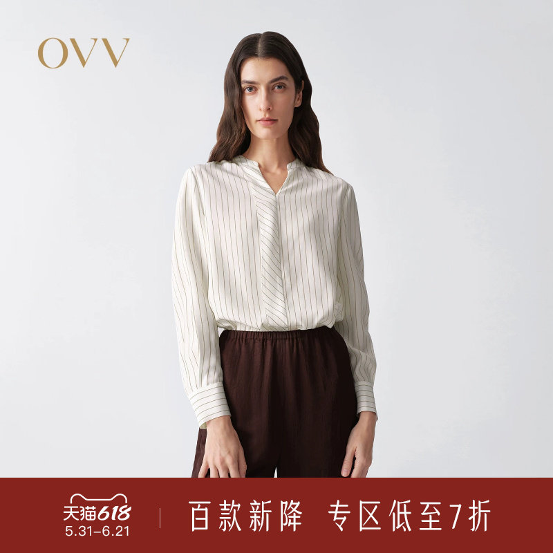 OVV2026春夏新款女装19姆米素绉缎真丝条纹长袖休闲衬衫