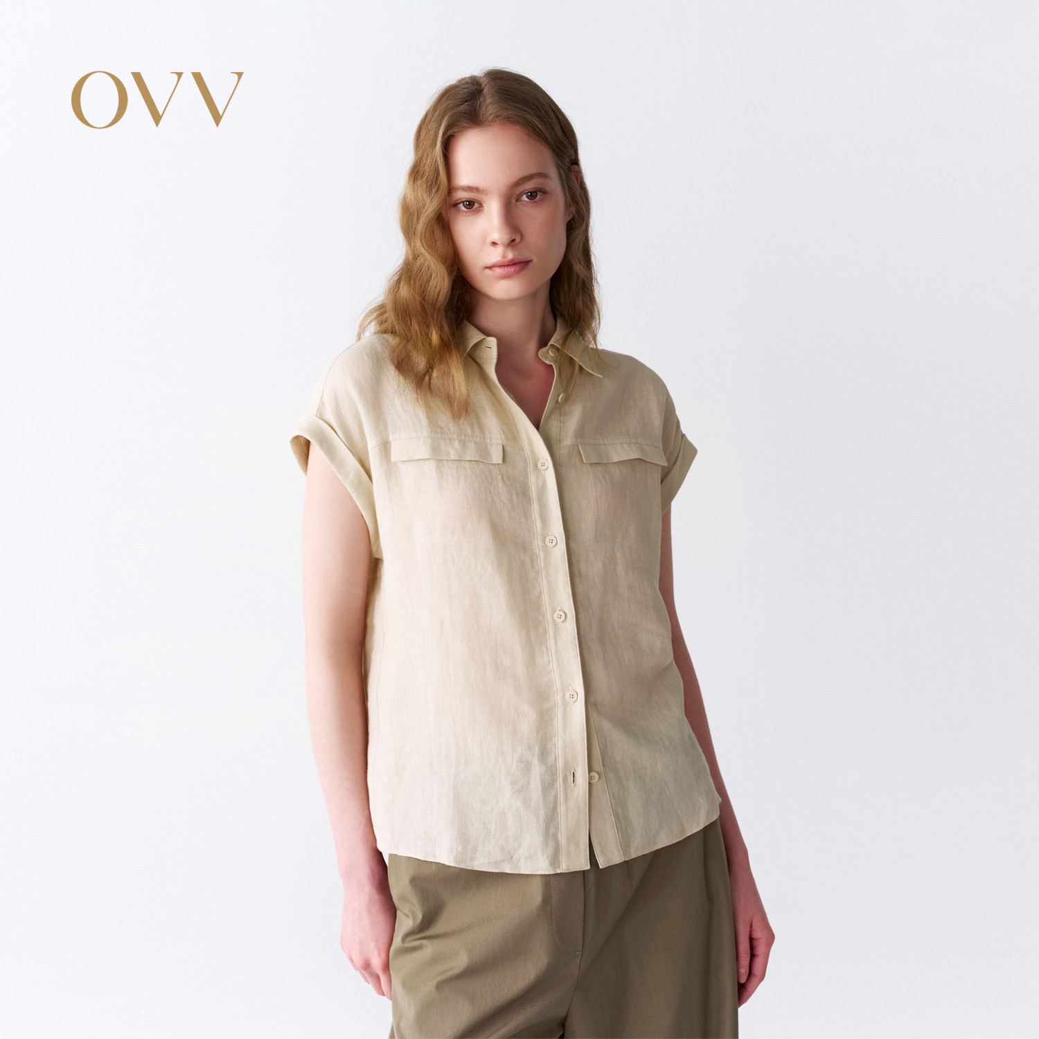 OVV2026春夏新款女装法式亚麻舒适自然简约短袖休闲衬衫