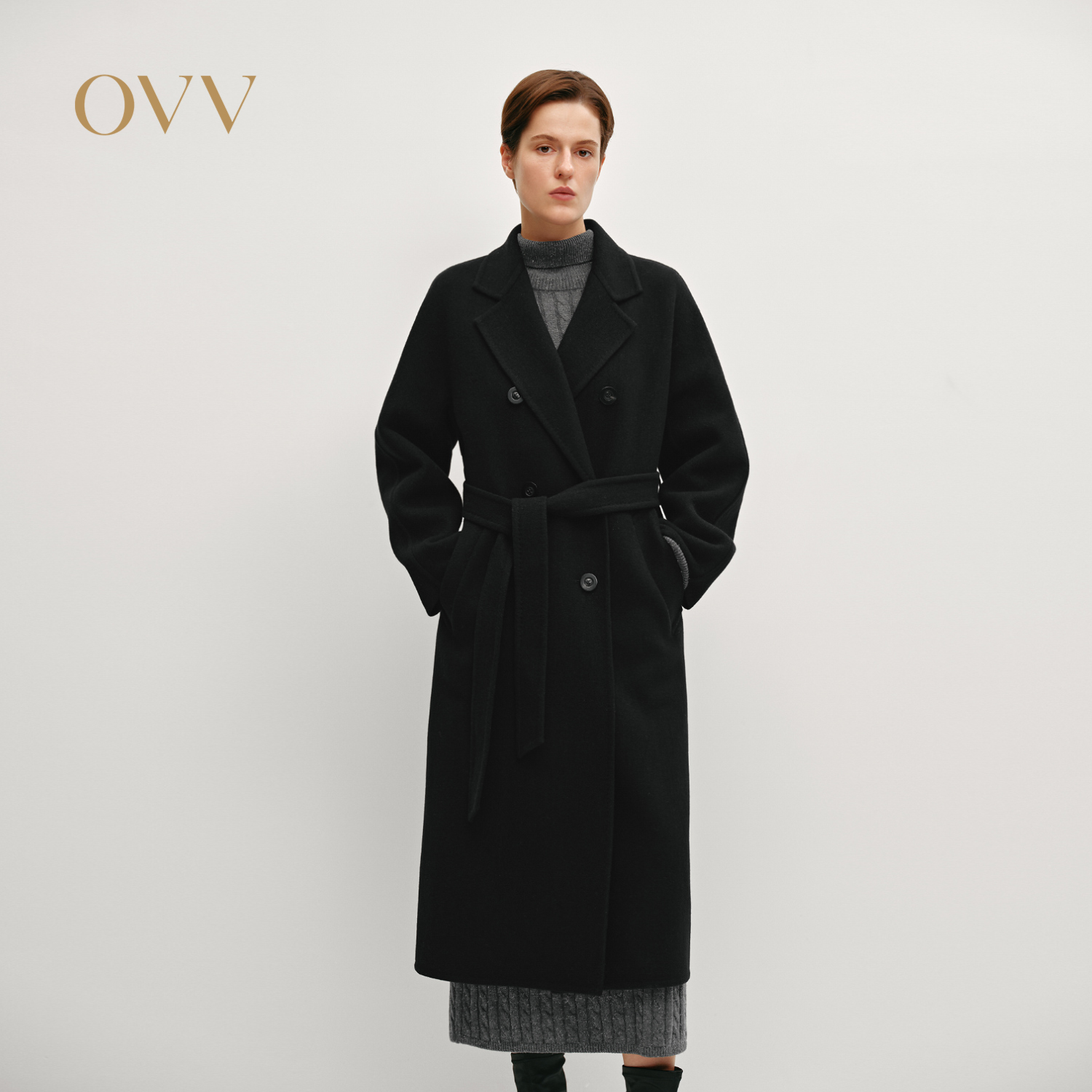 OVV秋冬热卖女装平驳领双排扣休闲通勤羊毛双面呢大衣