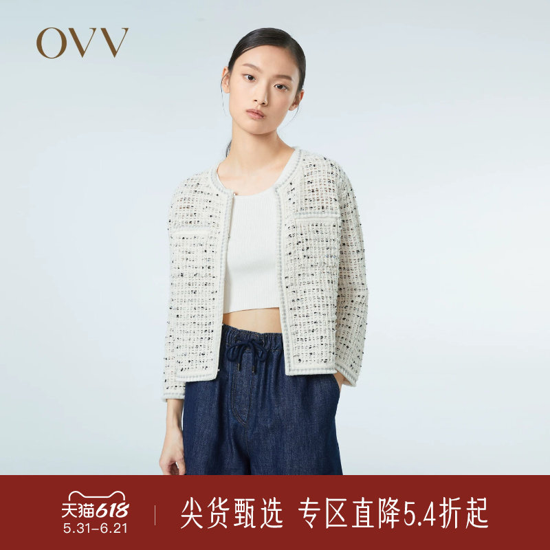 OVV春夏热卖女装轻薄棉麻花纱粗花呢七分袖休闲针织外套