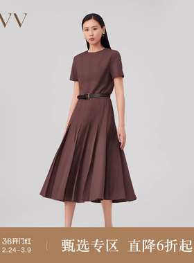 OVV秋冬新款女装优雅百褶下摆随附撞色腰带短袖连衣裙