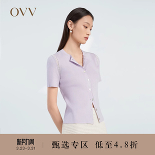 针织衫 醋酸棉质混纺基础圆领镂空织带短袖 女装 OVV春夏热卖