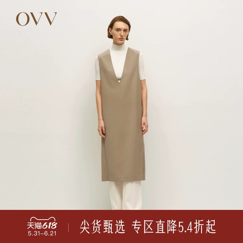 OVV秋冬热卖女装时尚深V领简约优雅羊毛背心连衣裙