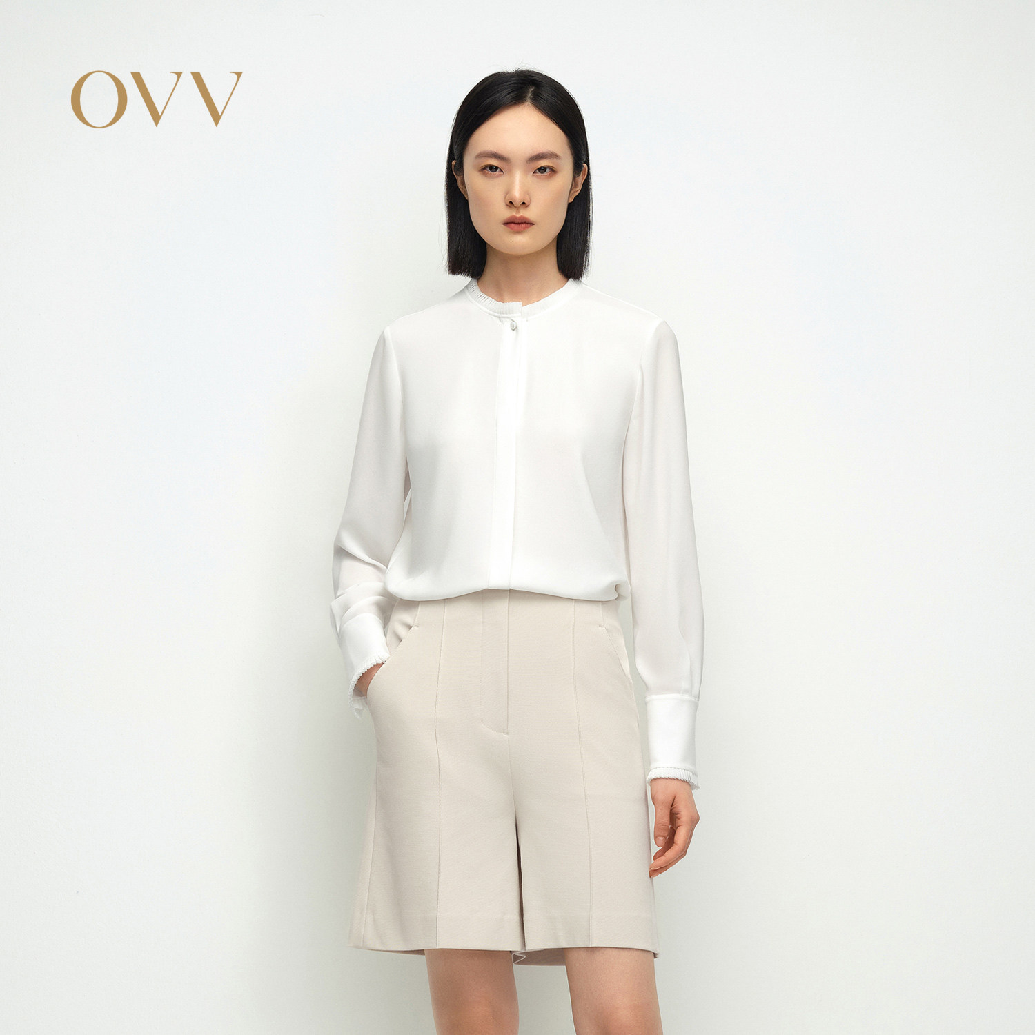 OVV春夏热卖女装淡人日本进口三醋酸花边装饰领口上衣衬衫