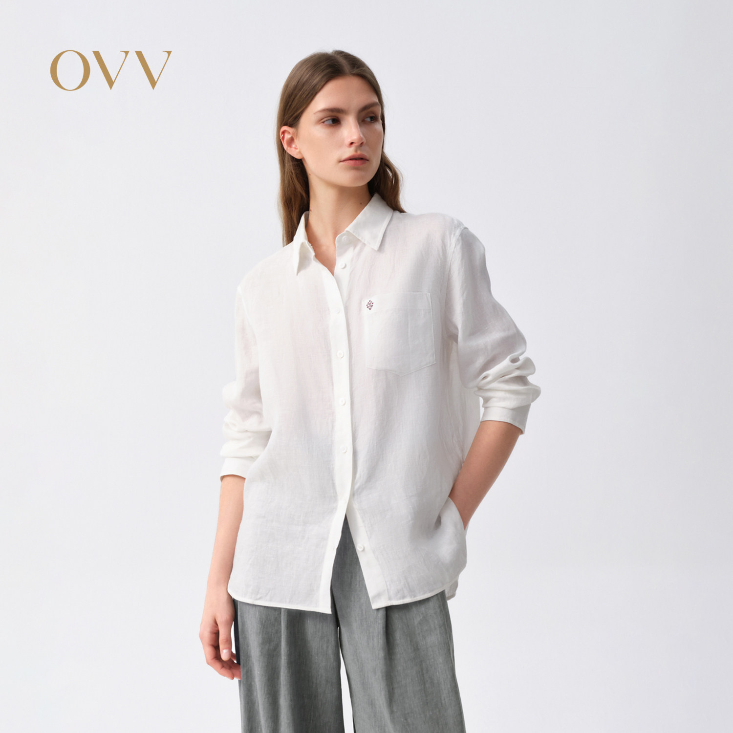 OVV2026春夏新款女装简约优雅精致刺绣亚麻长袖休闲衬衫