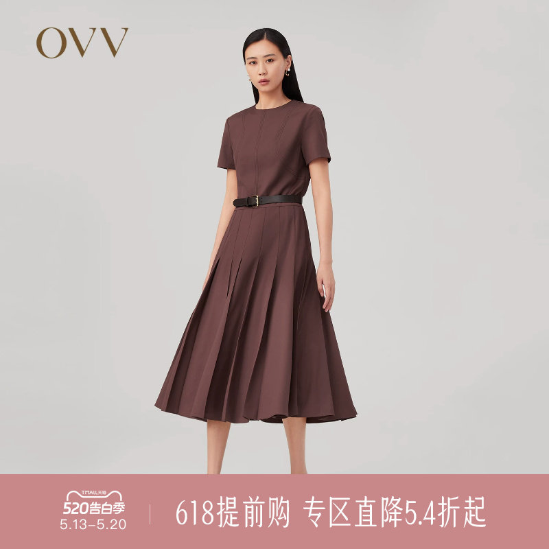 OVV秋冬新款女装优雅百褶下摆随附撞色腰带短袖连衣裙