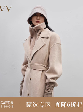 OVV秋冬新款女装羊毛双面呢大衣配环保皮草马甲两件套