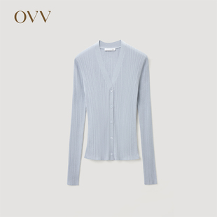 V领单排扣长袖 OVV2024春夏新款 丝棉混纺修身 外套 女装 针织衫