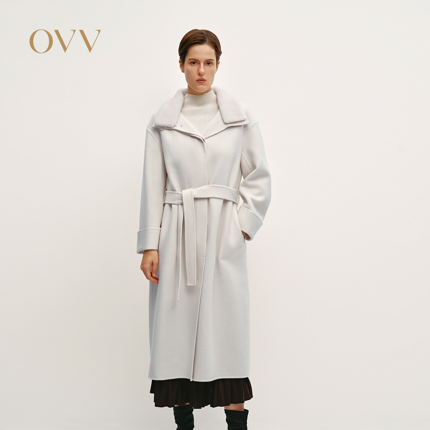 OVV秋冬热卖女装毛领设计随附腰带羊毛双面呢大衣