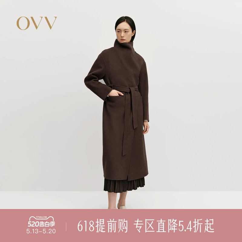 OVV秋冬热卖女装时尚大翻领随附腰带羊毛双面呢大衣