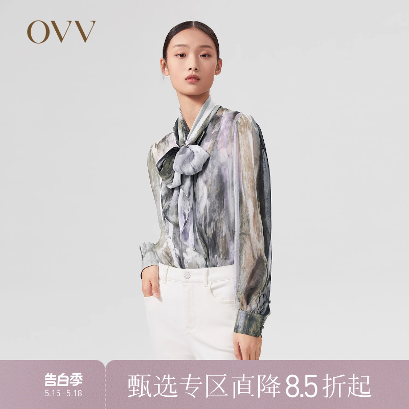 【爱情而已同款】OVV春夏热卖女装真丝雪纺印花大飘带休闲衬衫