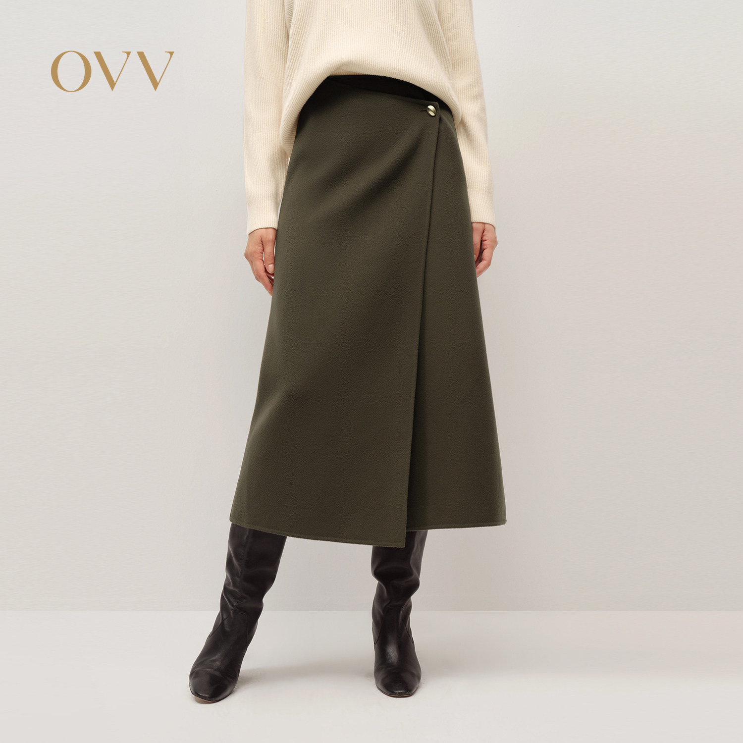 OVV秋冬新款女装高级优雅羊毛双面呢围裹式半身裙