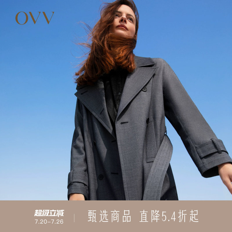 OVV秋冬新款女装仿牛仔羊毛面料双排扣经典休闲长款风衣
