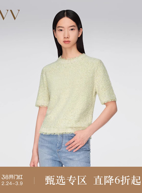 OVV春夏热卖女装粗花呢风格时尚休闲圆领花纱短袖针织衫