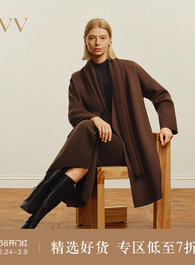 OVV秋冬热卖女装简约随附腰带围巾保暖羊毛双面呢大衣