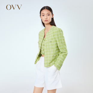 OVV春夏热卖 经典 粗花呢 女V领格纹夹克外套