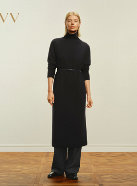 OVV秋冬热卖女装高领直筒羊毛随附腰带长袖针织连衣裙