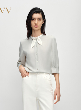 【重磅真丝】OVV2025春夏新款女装淡人22MM建宏绉蝴蝶结短袖衬衫