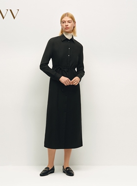 OVV秋冬热卖女装经典衬衫领直筒开衩随附腰带长袖连衣裙