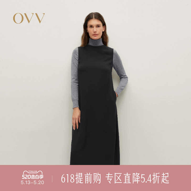 OVV秋冬新款女装日本进口缎面醋酸圆领无袖连衣裙小黑裙