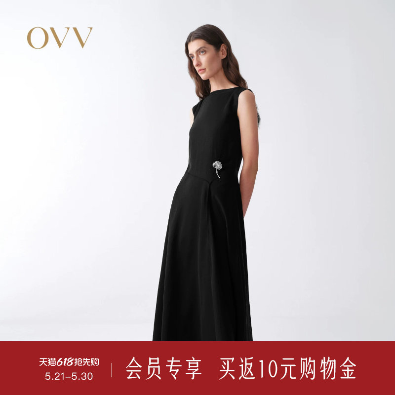 OVV2026春夏新款女装一字领无袖连衣裙休闲A字小黑裙