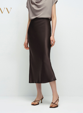 OVV2025春夏新款女装淡人缎面醋酸面料高级优雅简约直筒半裙