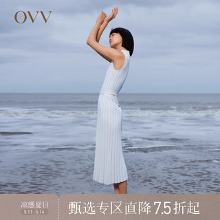 OVV春夏热卖女装V领清爽蓝白竖条纹A字无袖针织连衣裙