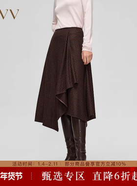 OVV秋冬新款女装千鸟格不规则下摆设计中长款休闲半身裙