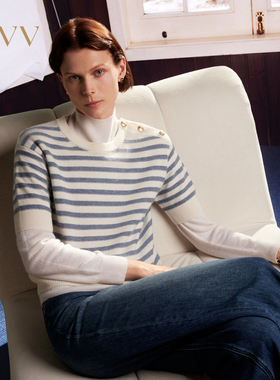 OVV2025秋冬新款女装复古时髦经典横条纹轻盈羊绒短袖针织衫