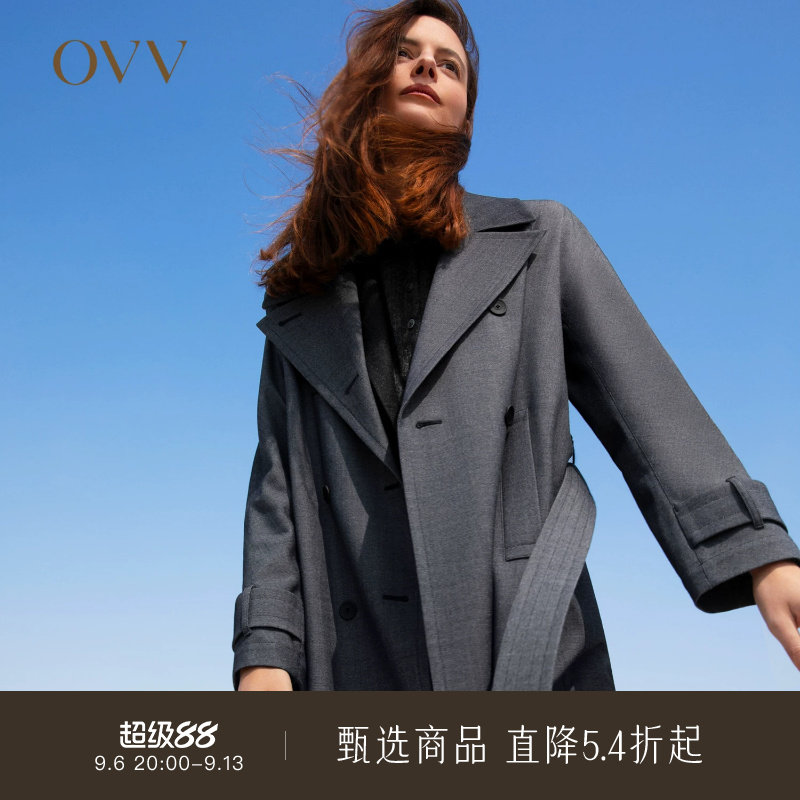 OVV秋冬热卖女装仿牛仔羊毛面料双排扣经典休闲长款风衣
