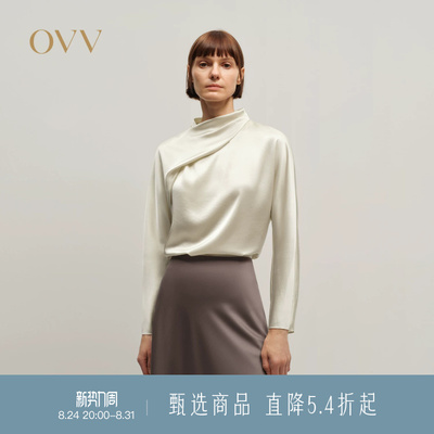 OVV秋冬热卖女装日本进口三醋酸不对称卷褶领长袖上衣