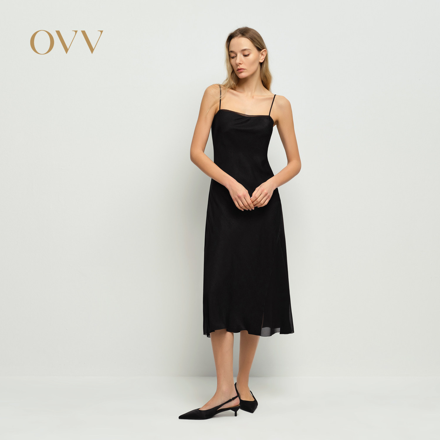 OVV春夏新款女装经典A字长款吊带连衣裙小黑裙