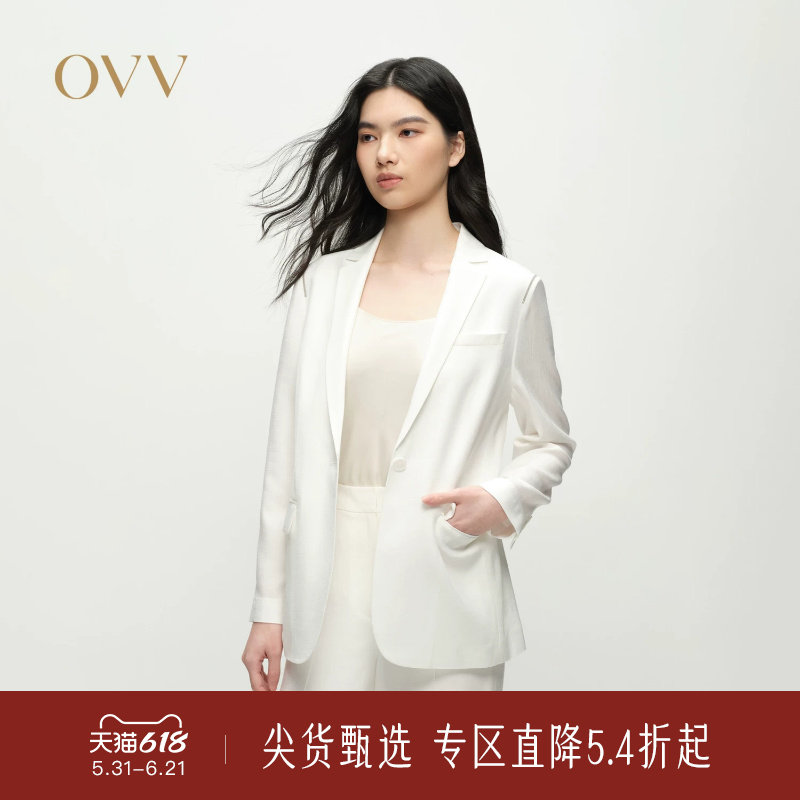 OVV春夏新款女装淡人醋酸仿麻平驳领一粒扣休闲西服外套