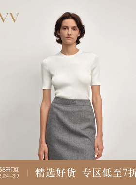 OVV2025秋冬新款女装经典基础圆领罗纹设计桑蚕丝短袖针织衫