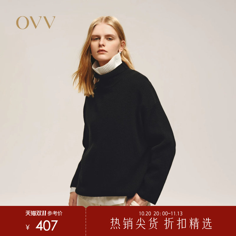 OVV秋冬热卖女装双层撞色高领羊毛混纺休闲长袖针织衫