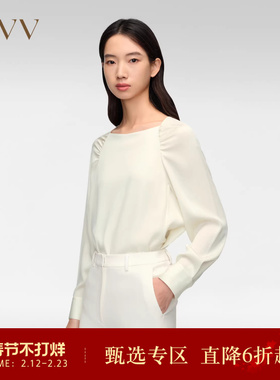OVV春夏热卖女装20MM弹力双乔桑蚕丝肩部抽褶方领衬衫