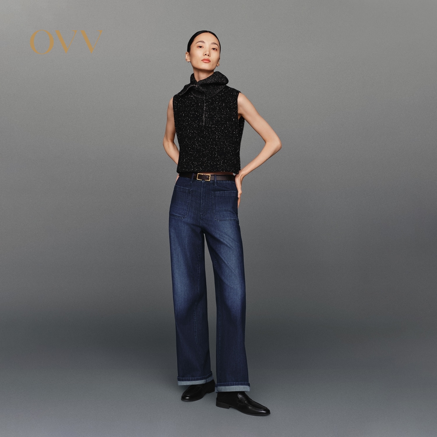 OVV秋冬热卖女装真丝混纺时髦舒适口袋装饰阔腿牛仔裤