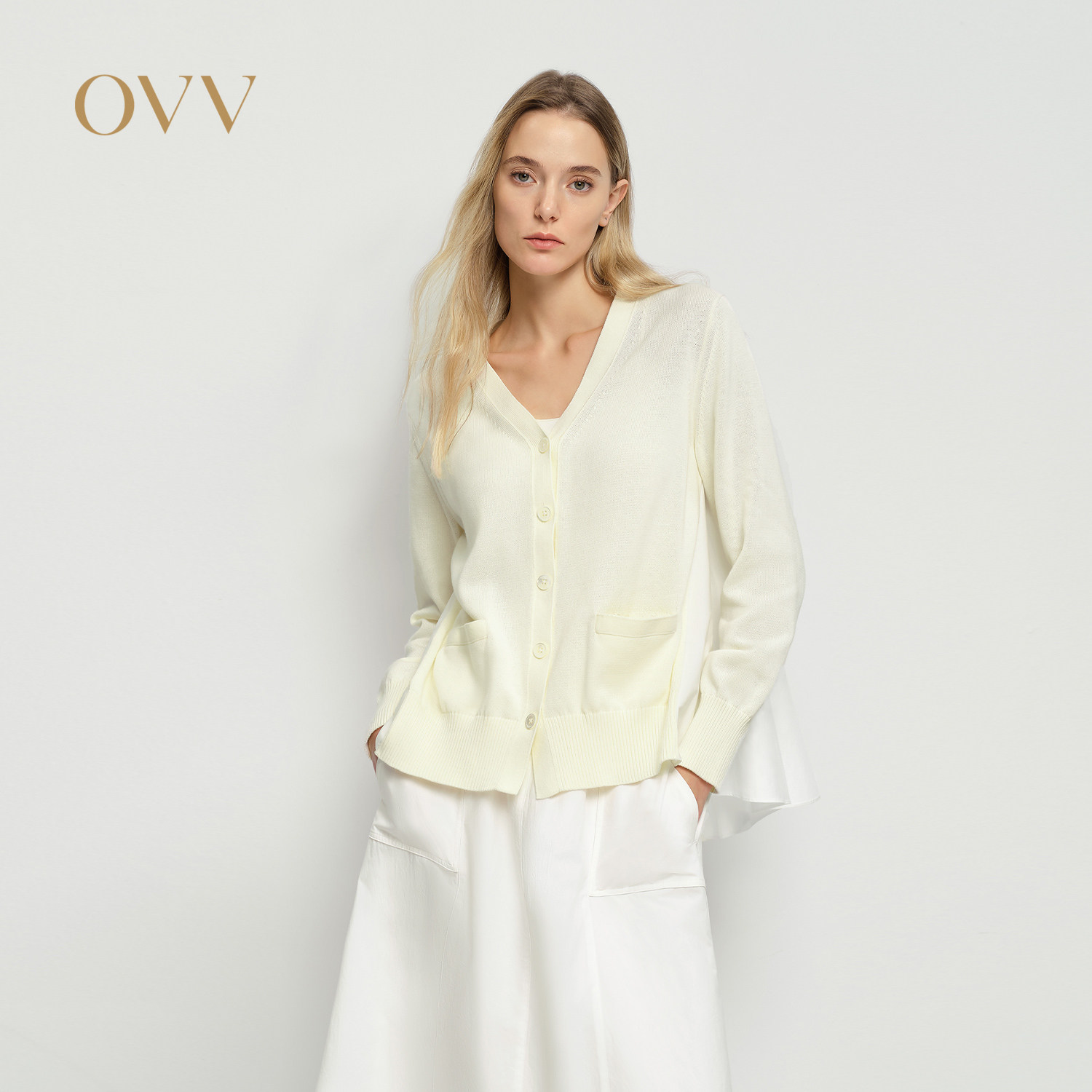 OVV2025春夏新款女装淡人针梭镶拼优雅舒适V领针织开衫外套