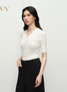 OVV2025春夏新款女装淡人丝棉混纺优雅V领珠链装饰短袖针织衫