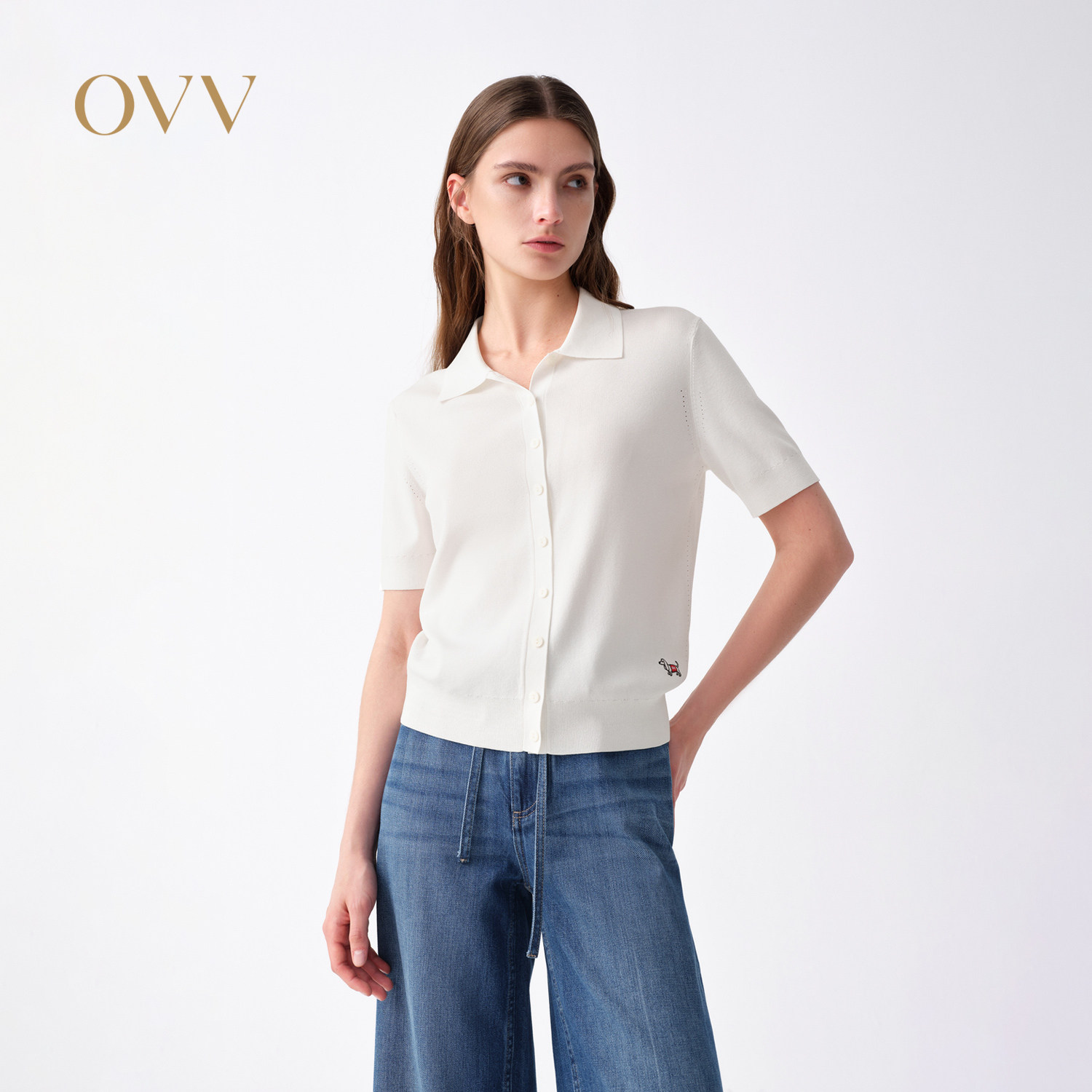 OVV2026春夏新款女装精致刺绣简约优雅POLO领短袖针织衫