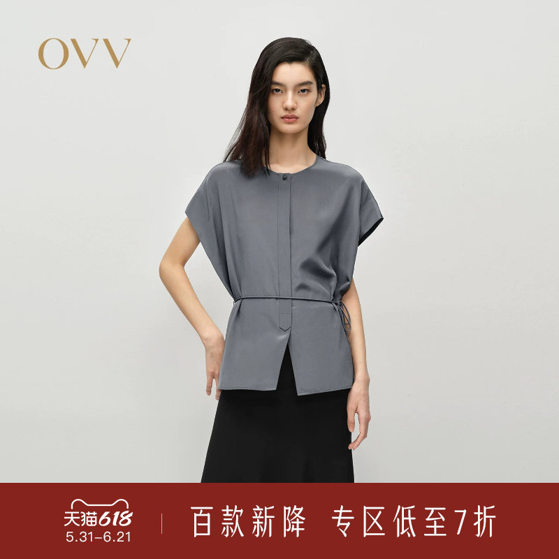 OVV春夏新款女装16姆米双绉真丝圆领短袖休闲衬衫