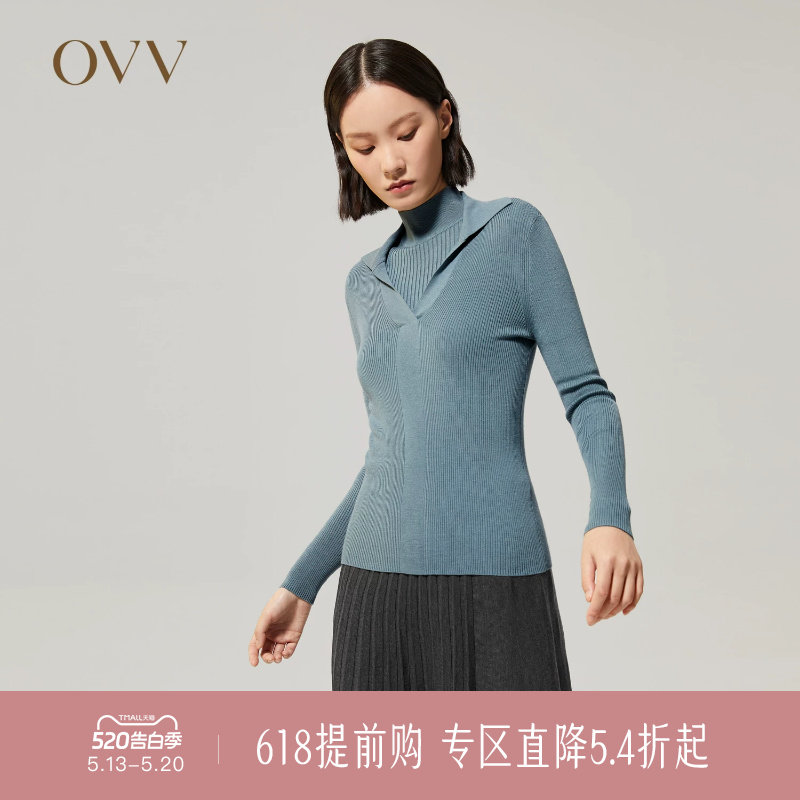 【黄金羊毛】OVV秋冬女装POLO领修身休闲羊毛长袖针织衫