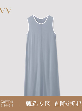 OVV2025春夏新款女装淡人撞色卷边圆领直筒无袖针织连衣裙