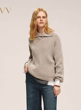 OVV2025秋冬新款女装羊毛羊绒混纺精致翻领竖坑条长袖针织衫