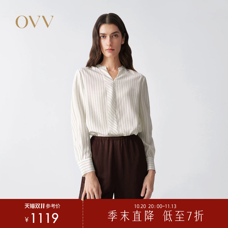 OVV2026春夏新款女装19姆米素绉缎真丝条纹长袖休闲衬衫